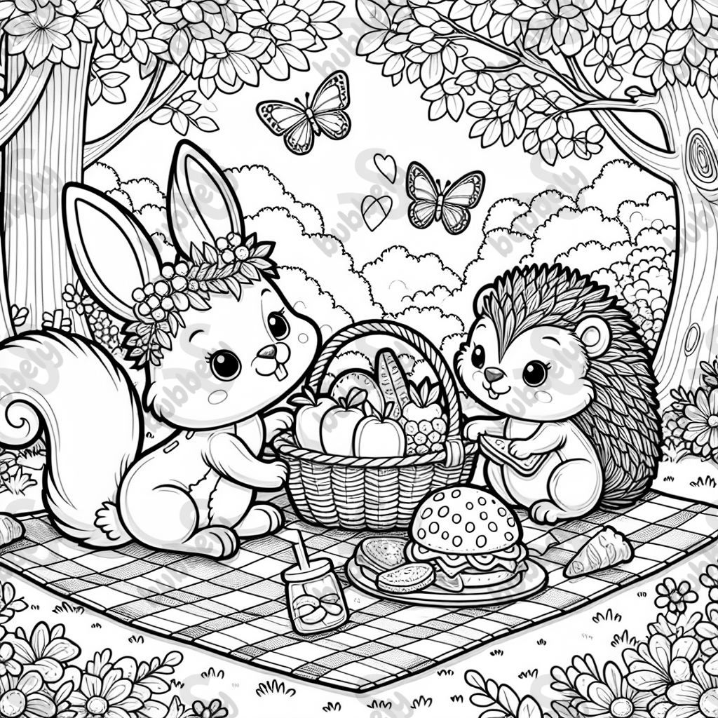A group of adorable animals, including a bunny, a squirrel, and a hedgehog, having a picnic in a forest clearing. The animals are sitting around a checkered blanket with a basket of fruits, sandwiches, and cookies. The scene includes trees with leaves, flowers, and butterflies fluttering around. Each animal has a cute expression, and the setting is cheerful and inviting A group of adorable animals, including a bunny, a squirrel, and a hedgehog, having a picnic in a forest clearing. The animals are sitting around a checkered blanket with a basket of fruits, sandwiches, and cookies. The scene includes trees with leaves, flowers, and butterflies fluttering around. Each animal has a cute expression, and the setting is cheerful and inviting