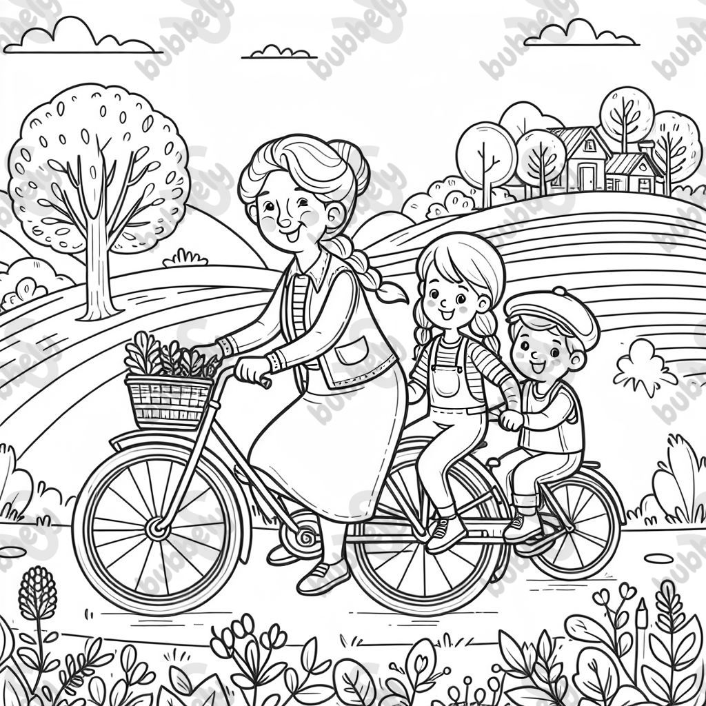 jeune grand-mère avec un vélo, petite-fille grande et petit-fils petit jeune grand-mère avec un vélo, petite-fille grande et petit-fils petit