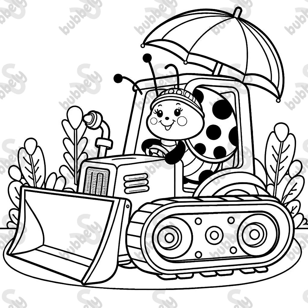 A cheerful ladybug is sitting in a bulldozer, enjoying a ride across the land. A cheerful ladybug is sitting in a bulldozer, enjoying a ride across the land.