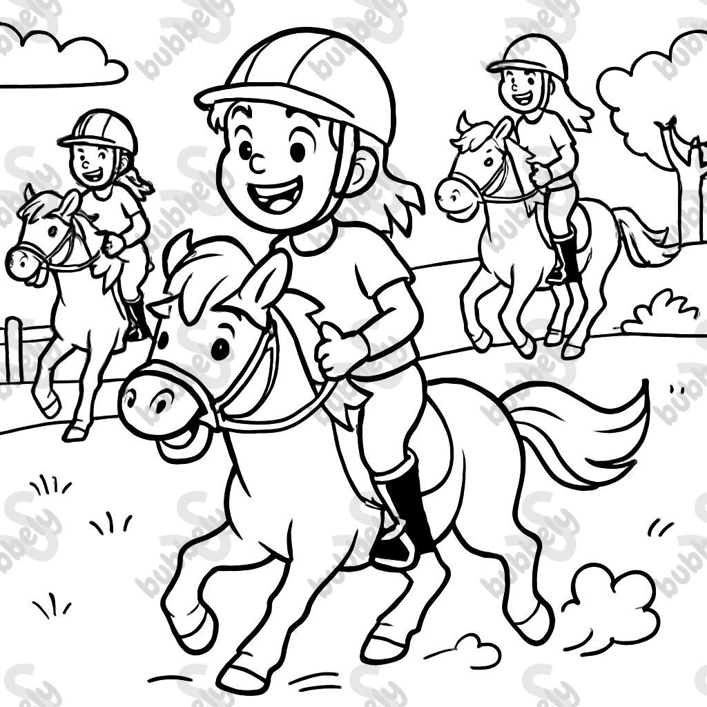 Un groupe de cavalières, portant des casques, sur leurs poneys Un groupe de cavalières, portant des casques, sur leurs poneys