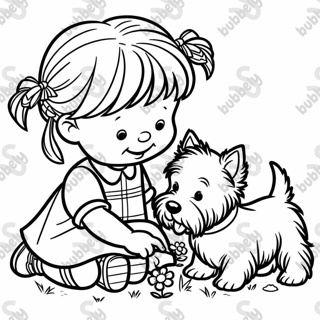 Une petite fille blonde avec des couettes jouant avec un chien terrier blanc des Highlands