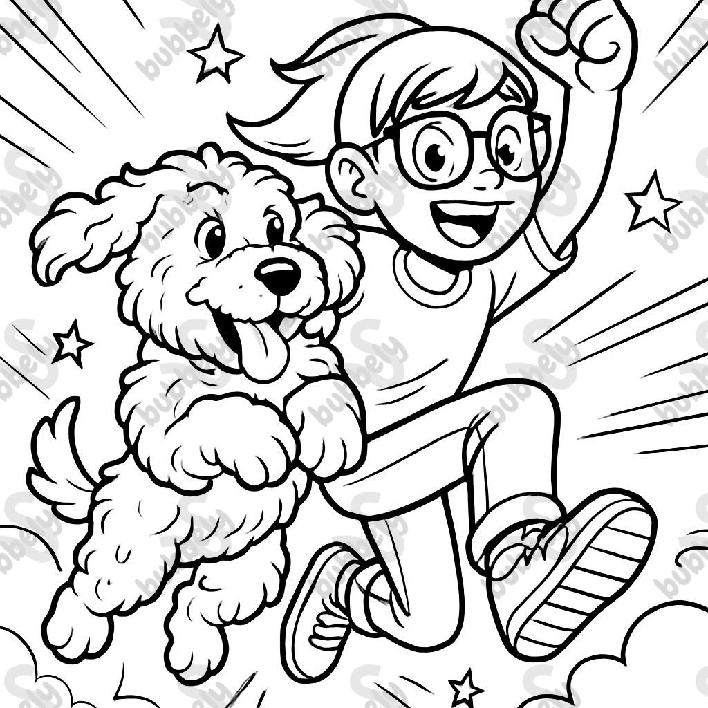 A black and white doodle dog with a girl with glasses as best friends. A black and white doodle dog with a girl with glasses as best friends.