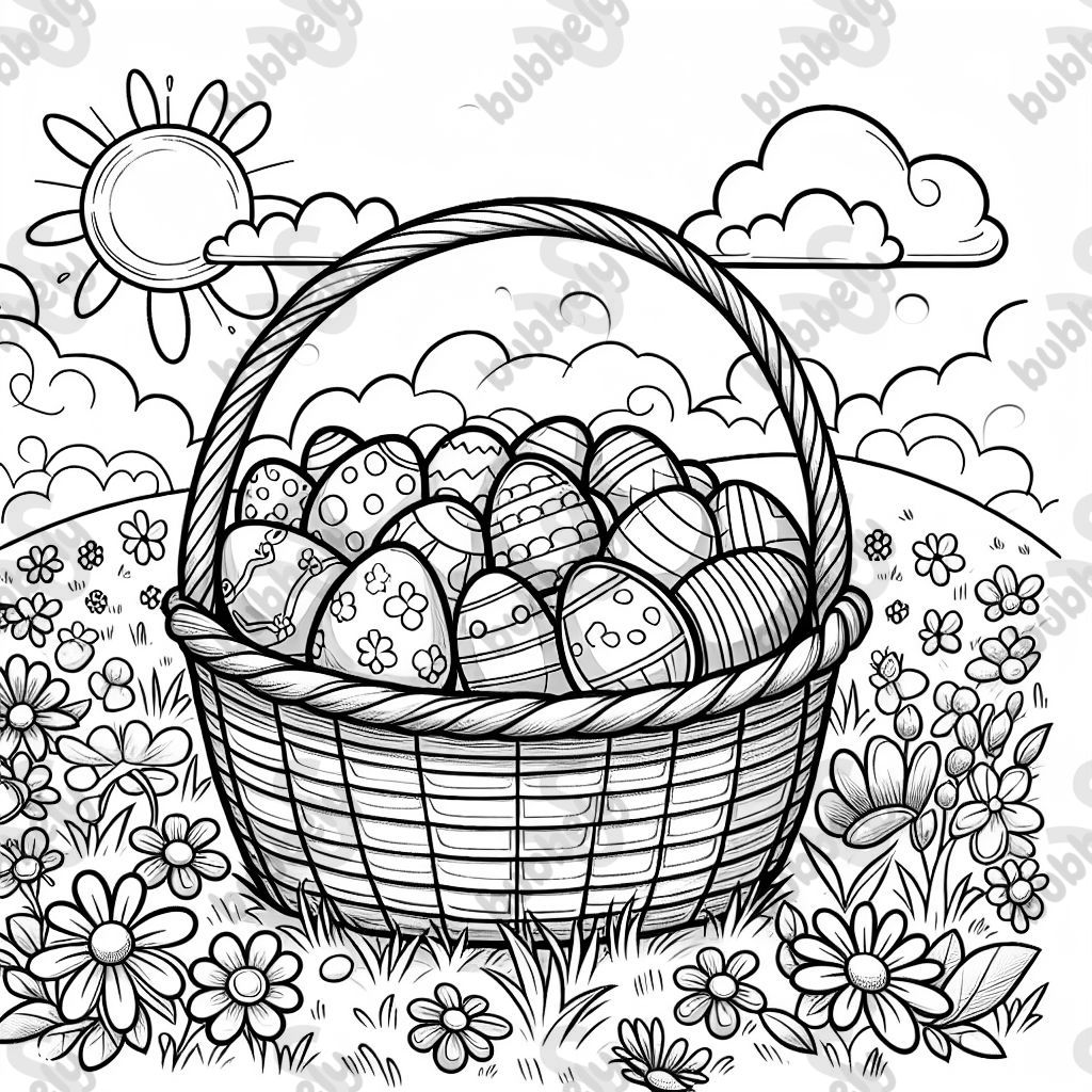 a large basket with many colorful Easter eggs in the middle of a flower meadow. a large basket with many colorful Easter eggs in the middle of a flower meadow.