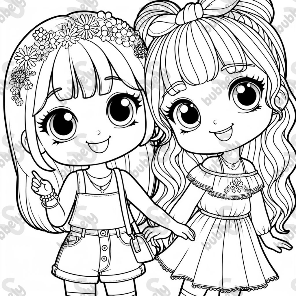 A girl named Josie, 5 years old with shoulder-length hair, a girl named Maya with longer hair and bangs, best friends A girl named Josie, 5 years old with shoulder-length hair, a girl named Maya with longer hair and bangs, best friends