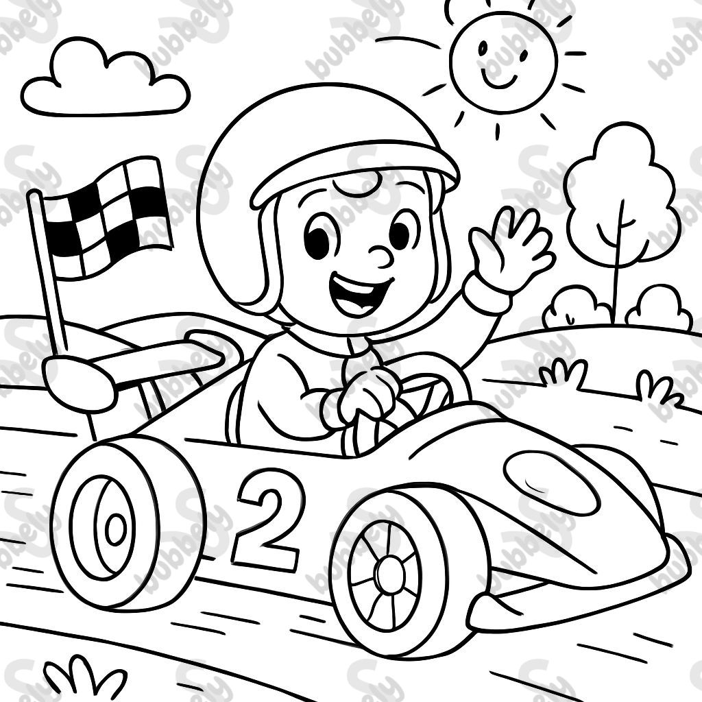 Une voiture de course avec le numéro 2 et un petit garçon conducteur Une voiture de course avec le numéro 2 et un petit garçon conducteur