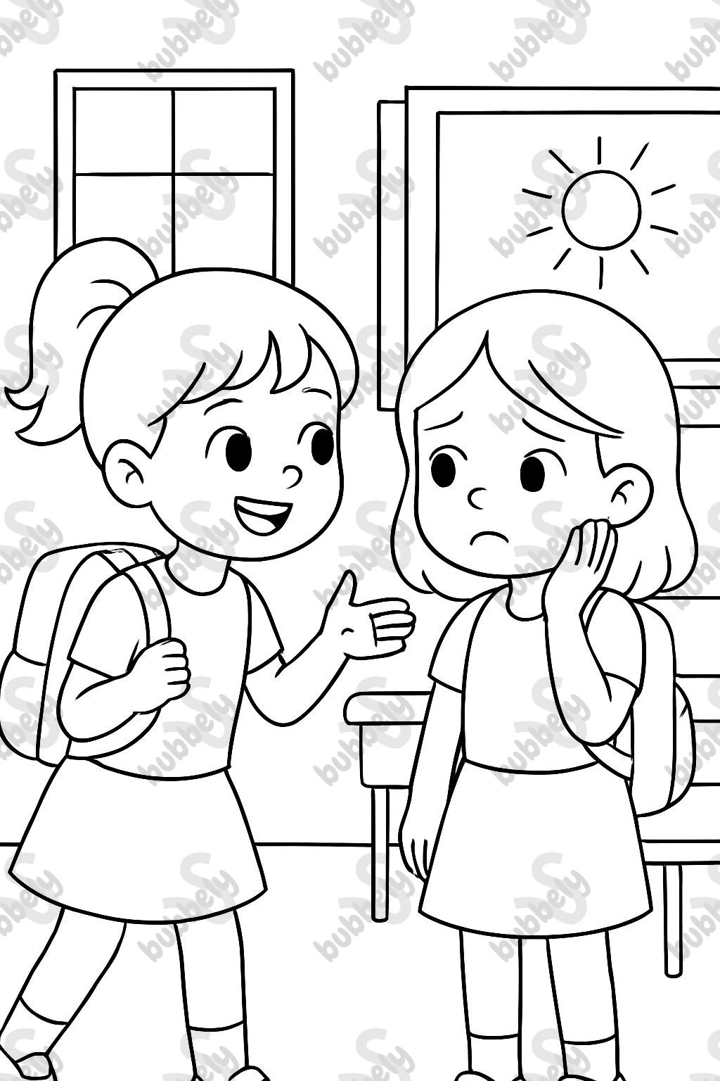 Niña de 6 años con una coleta, preguntando a una amiga si está bien en la escuela. Niña de 6 años con una coleta, preguntando a una amiga si está bien en la escuela.