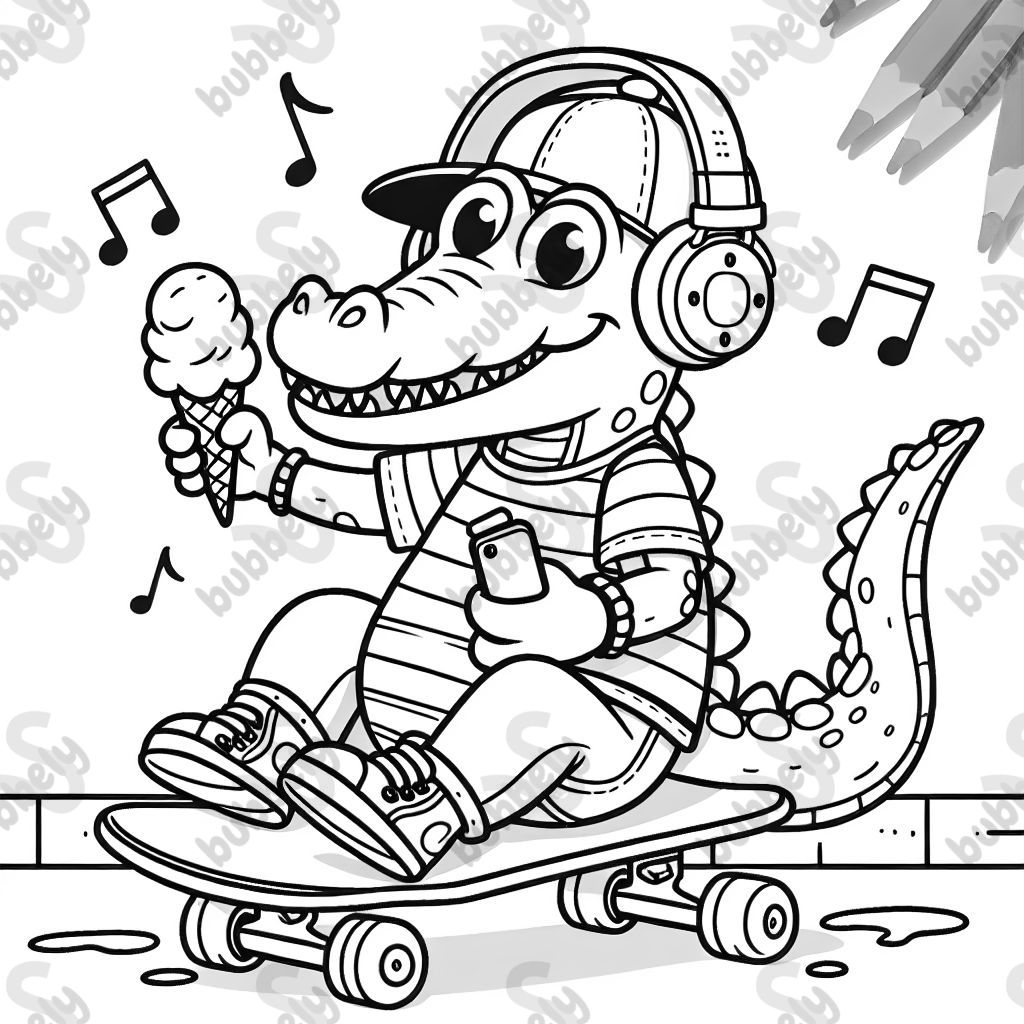 ein Krokodil was auf einem Skateboard fährt und mit einem Kopfhöhrer Musik hört und dabei ein Eis isst.