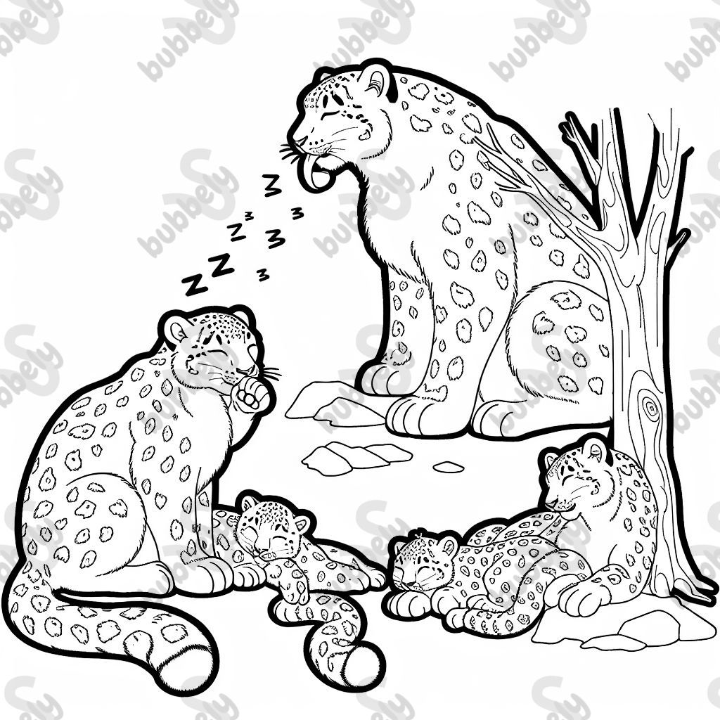 Familia de leopardos de las nieves. 4 leopardos en total. Papá lame su pata. El bebé duerme. La hija mayor está tranquila en el suelo. Mamá rasca un árbol. Familia de leopardos de las nieves. 4 leopardos en total. Papá lame su pata. El bebé duerme. La hija mayor está tranquila en el suelo. Mamá rasca un árbol.