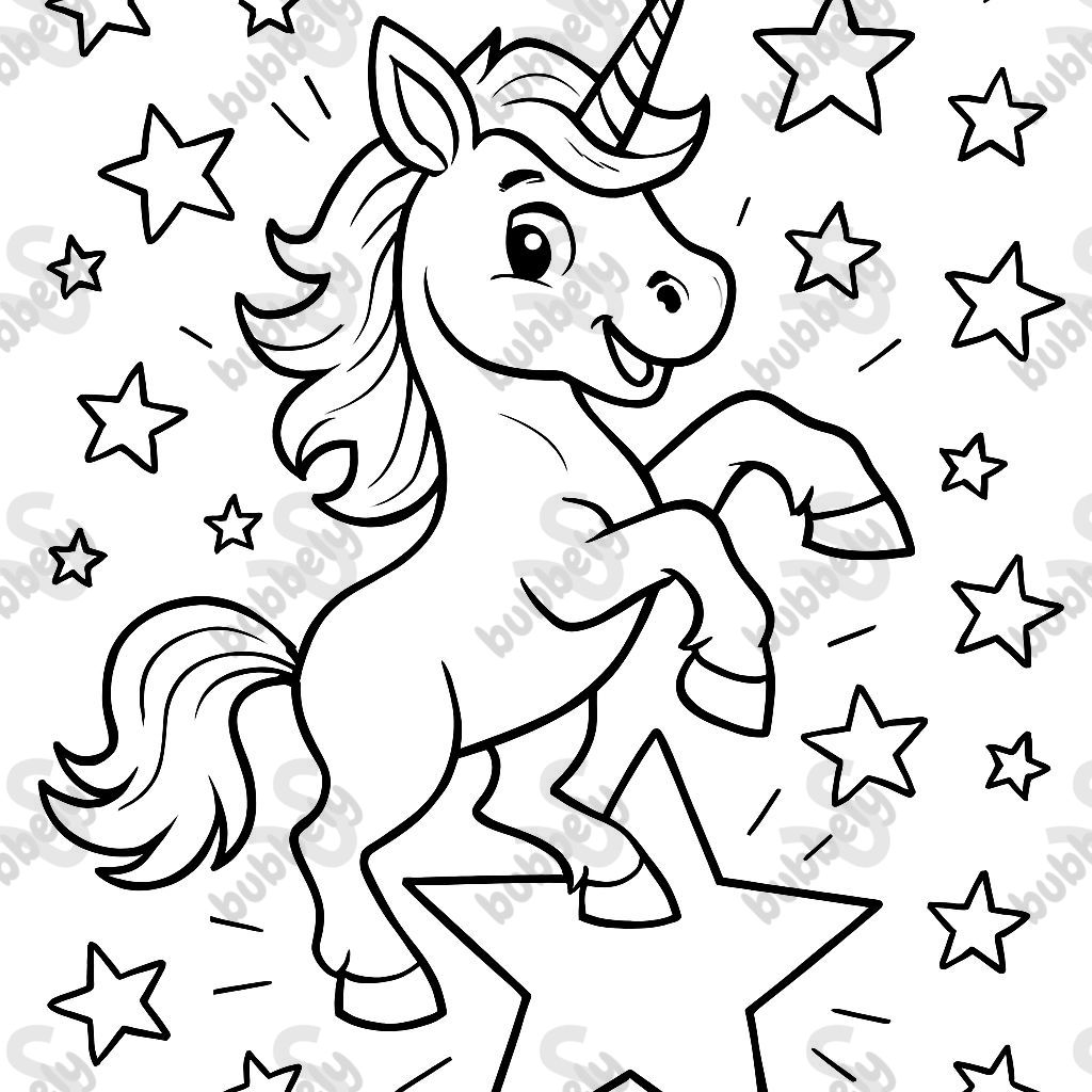 Un unicornio de pie sobre una estrella. Alrededor hay muchas estrellas Un unicornio de pie sobre una estrella. Alrededor hay muchas estrellas