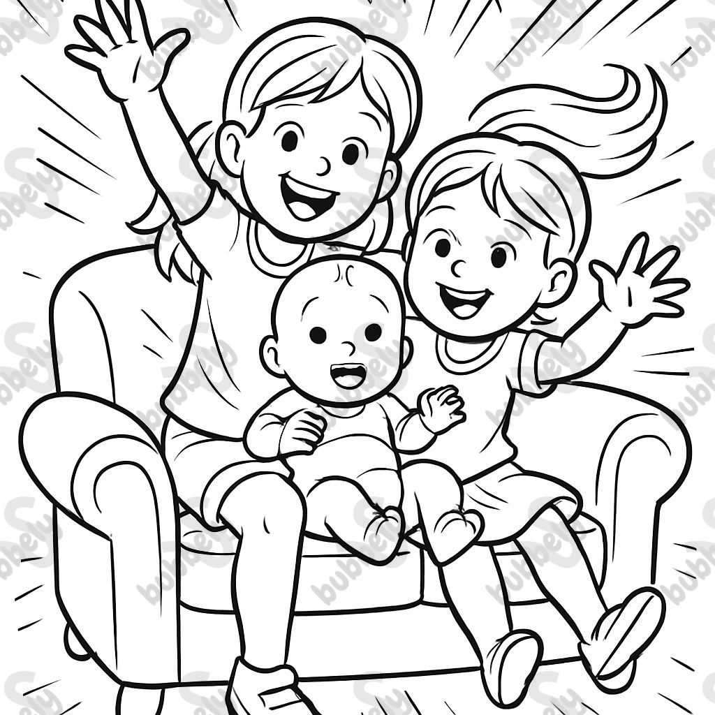 deux filles blondes âgées de 6 et 4 ans avec un bébé sur un canapé. deux filles blondes âgées de 6 et 4 ans avec un bébé sur un canapé.