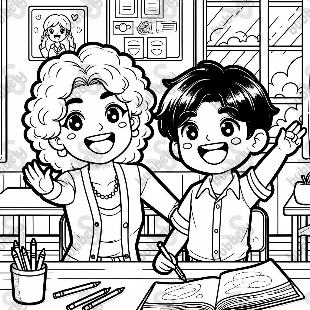 Niño asiático con maestra con cabello rizado Niño asiático con maestra con cabello rizado