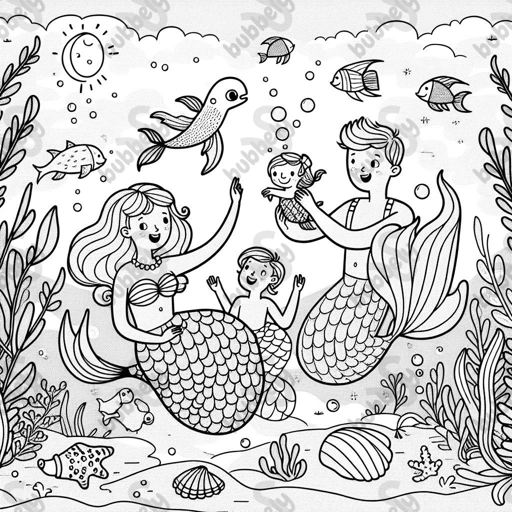 A mermaid, a merman, a sea baby, and an older mermaid girl A mermaid, a merman, a sea baby, and an older mermaid girl