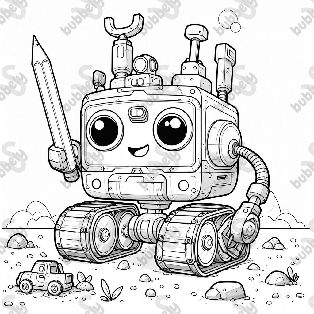 Robot with four wheels and tools on the side Robot with four wheels and tools on the side