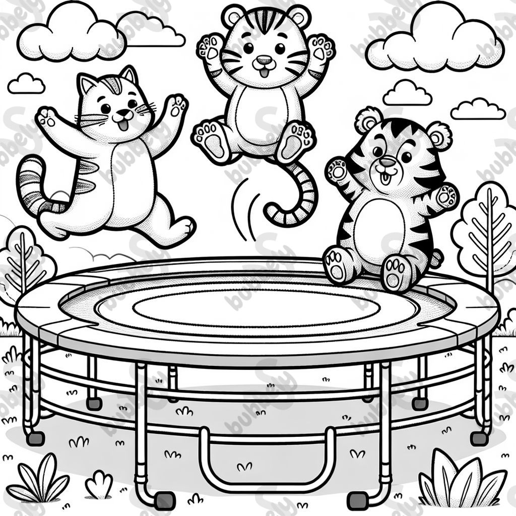 Chat, ours et tigre sautent sur un trampoline Chat, ours et tigre sautent sur un trampoline