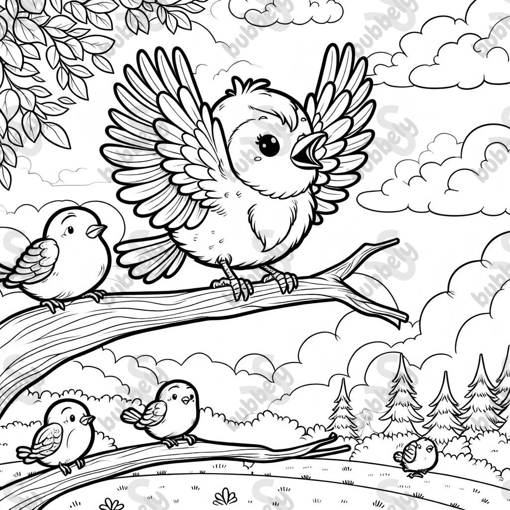 Un pequeño pájaro en una rama que vuela valientemente al aire con las alas abiertas. De fondo hay otros pájaros y árboles. El cielo es azul con algunas nubes. Un pequeño pájaro en una rama que vuela valientemente al aire con las alas abiertas. De fondo hay otros pájaros y árboles. El cielo es azul con algunas nubes.