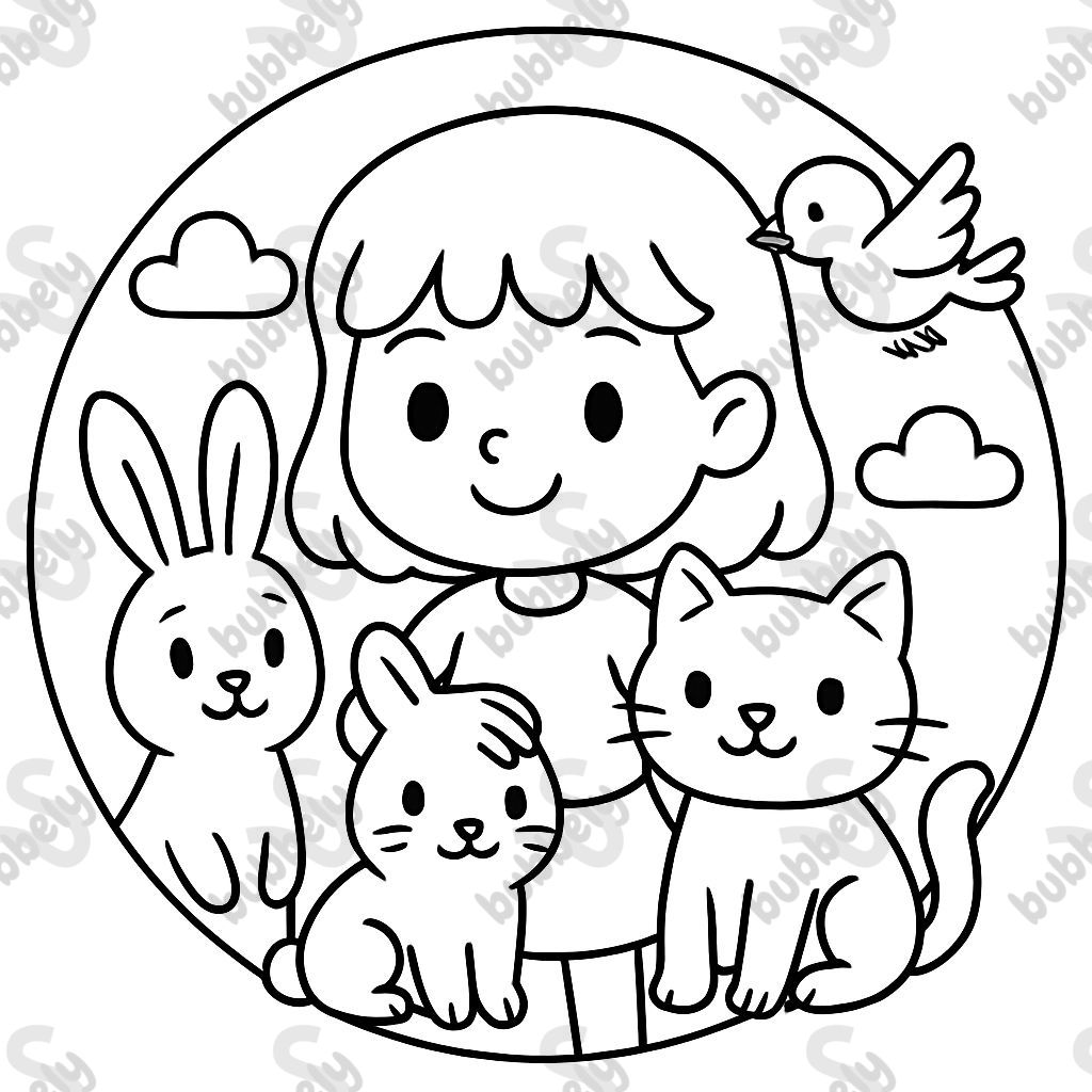 Dessine sous la forme d'un cercle une fille entourée d'animaux à colorier. Dessine sous la forme d'un cercle une fille entourée d'animaux à colorier.