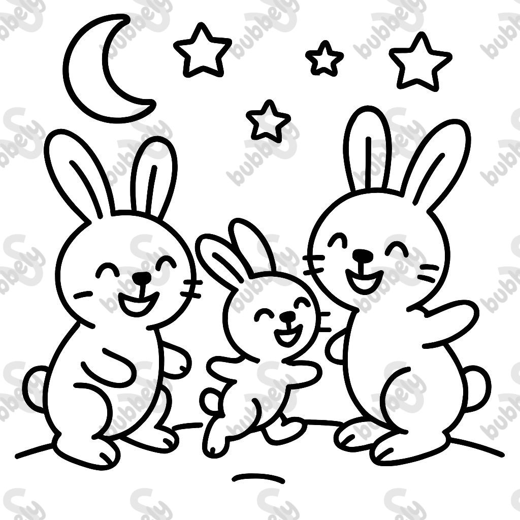 Una feliz familia de conejos jugando bajo la luna y las estrellas Una feliz familia de conejos jugando bajo la luna y las estrellas