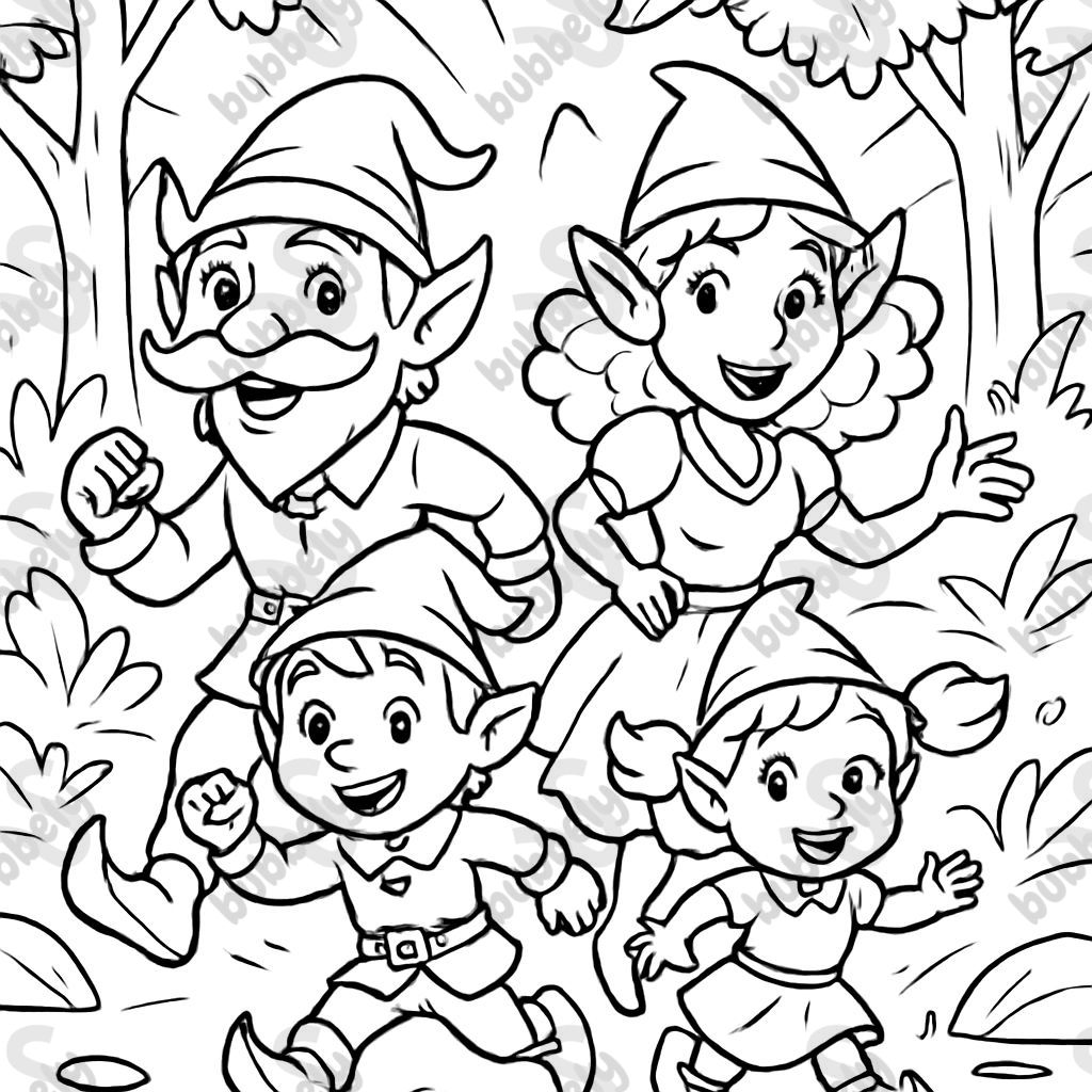 a family of forest elves: a daddy elf with a mustache, a mommy with curly hair, a little elf and a little elf girl with pigtails a family of forest elves: a daddy elf with a mustache, a mommy with curly hair, a little elf and a little elf girl with pigtails
