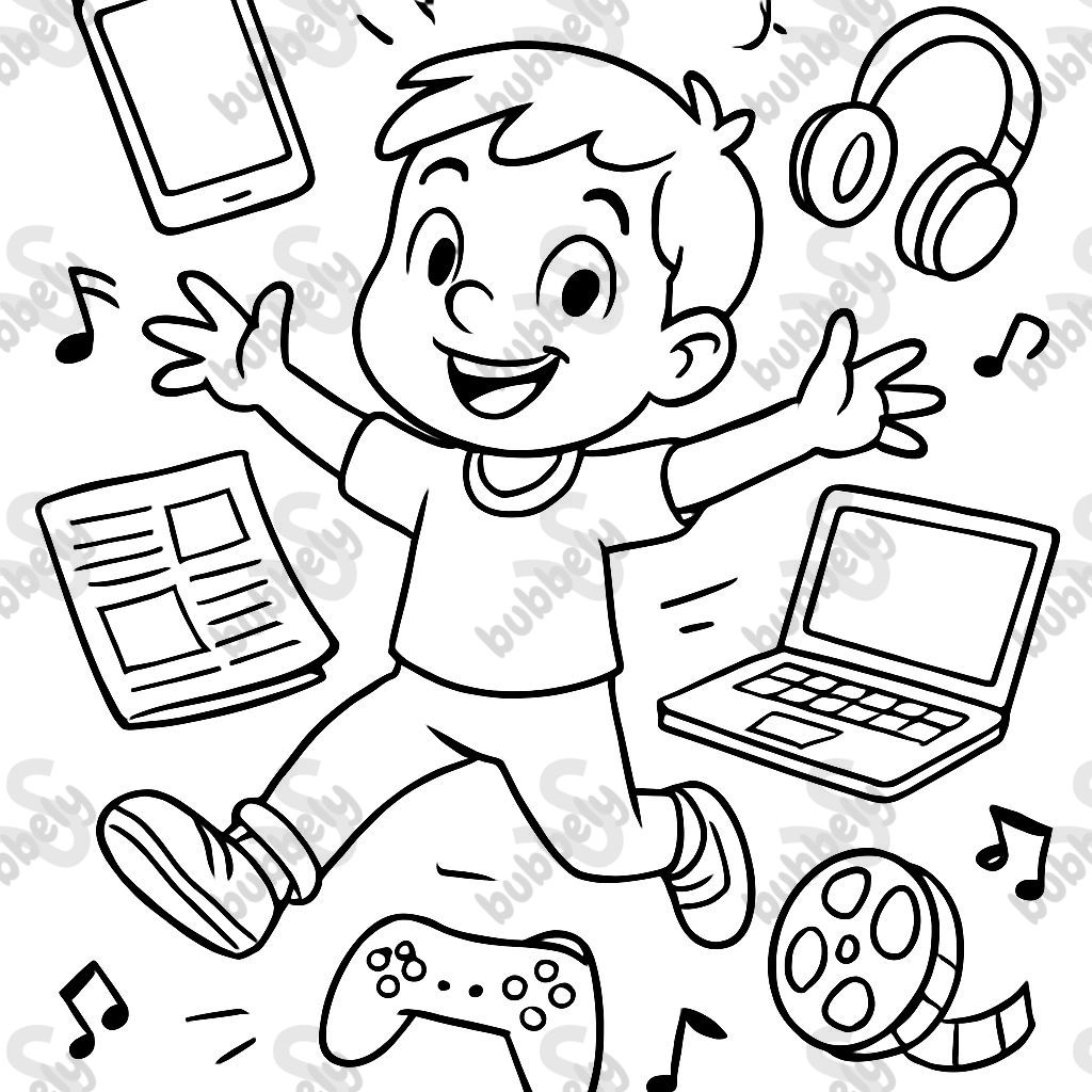 a child surrounded by media (phone, tablet, computer, newspaper) and much more a child surrounded by media (phone, tablet, computer, newspaper) and much more