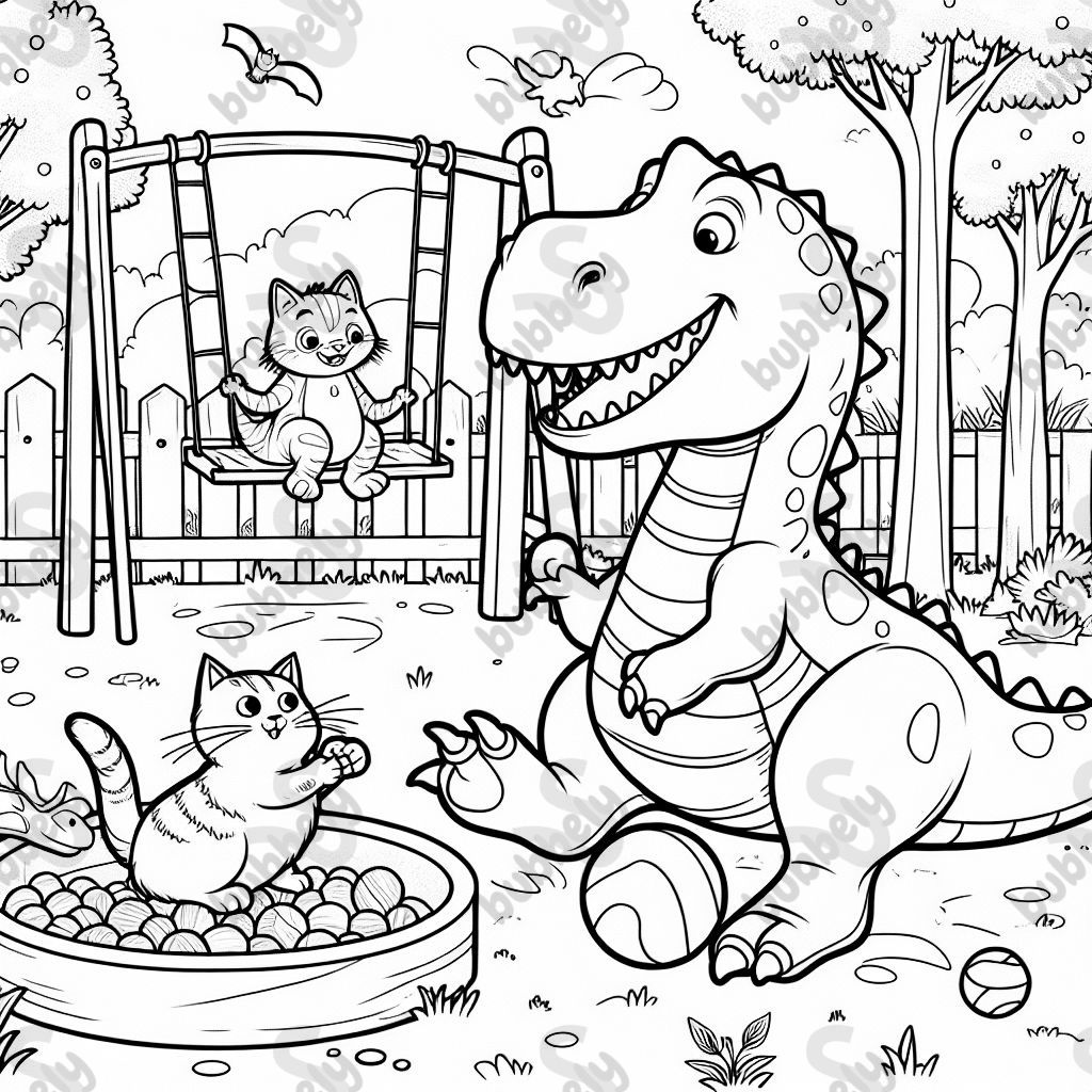 A dinosaur playing on a playground with a cat A dinosaur playing on a playground with a cat