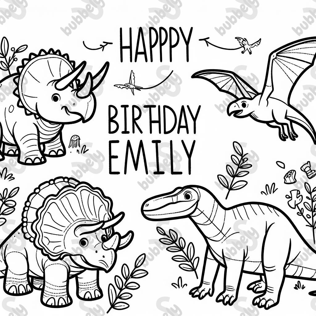 Un triceratops, un apatosaurio, un pteranodon y un bebé t-rex, y un texto que dice “FELIZ CUMPLEAÑOS EMILY”. Un triceratops, un apatosaurio, un pteranodon y un bebé t-rex, y un texto que dice “FELIZ CUMPLEAÑOS EMILY”.