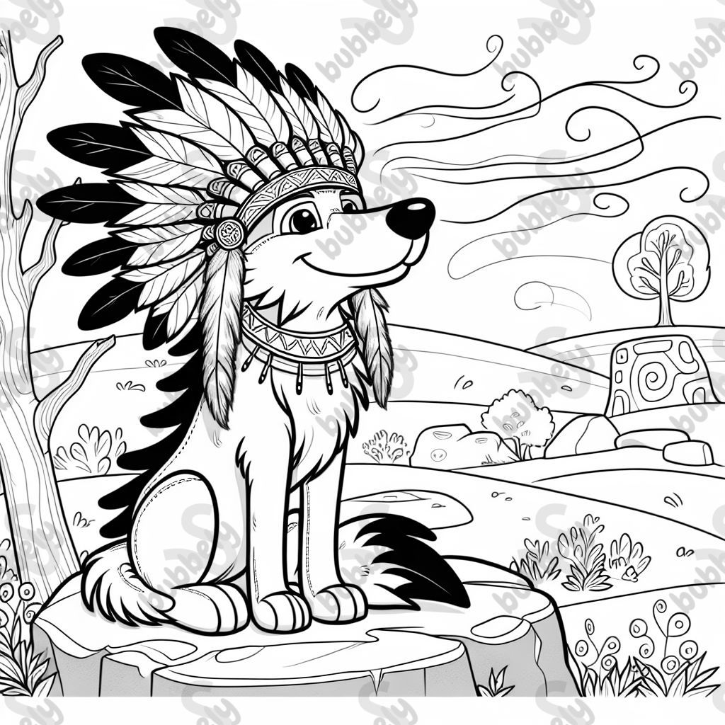 Un noble coyote portant un coiffe en plumes traditionnel amérindien, assis fièrement sur un rocher. Le vent souffle à travers les plumes. L'arrière-plan comprend des motifs symboliques et des pétroglyphes anciens. Art linéaire noir et blanc, très détaillé pour un livre de coloriage. Un noble coyote portant un coiffe en plumes traditionnel amérindien, assis fièrement sur un rocher. Le vent souffle à travers les plumes. L'arrière-plan comprend des motifs symboliques et des pétroglyphes anciens. Art linéaire noir et blanc, très détaillé pour un livre de coloriage.
