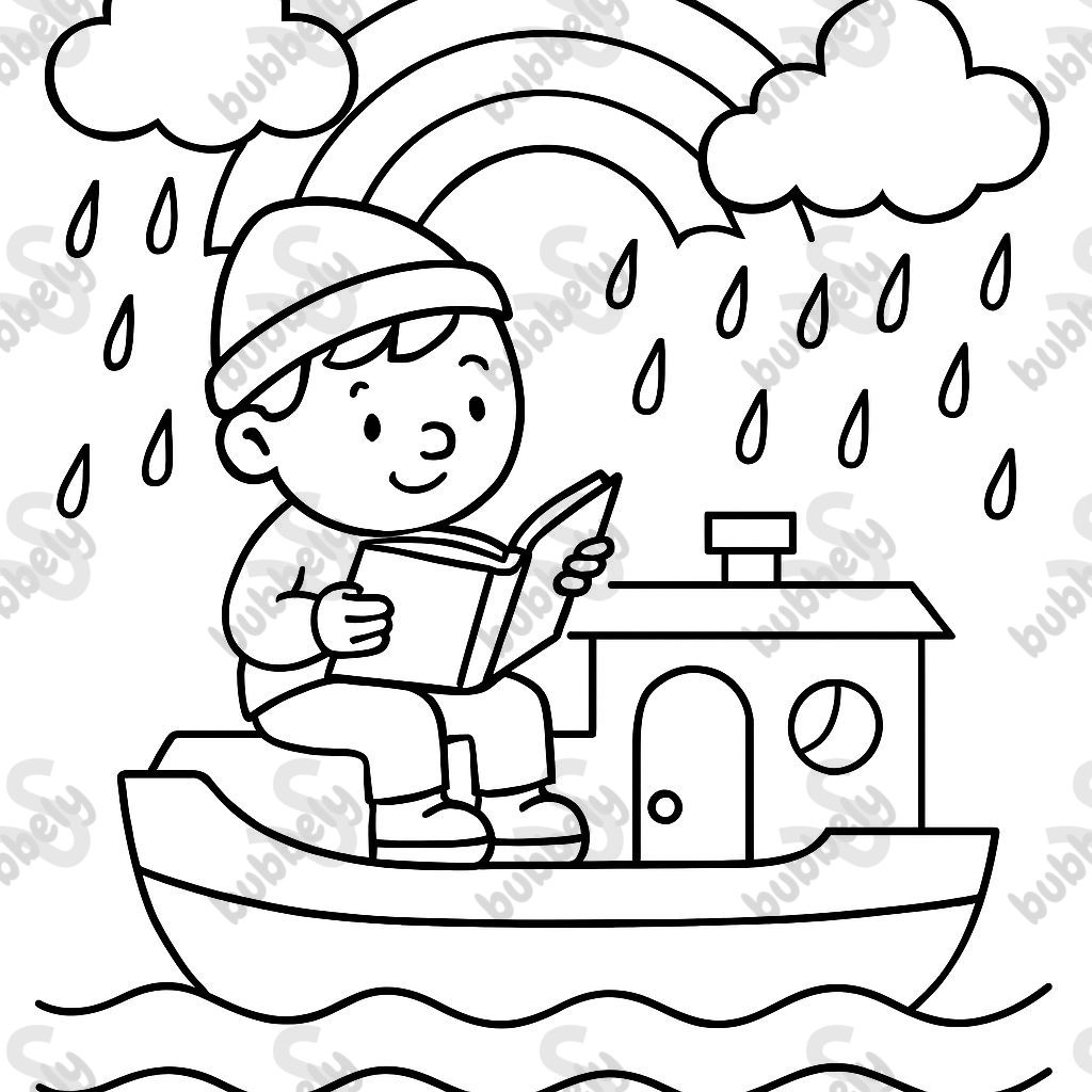A person reading a book on a houseboat under a rainbow and its raining from clouds. A person reading a book on a houseboat under a rainbow and its raining from clouds.