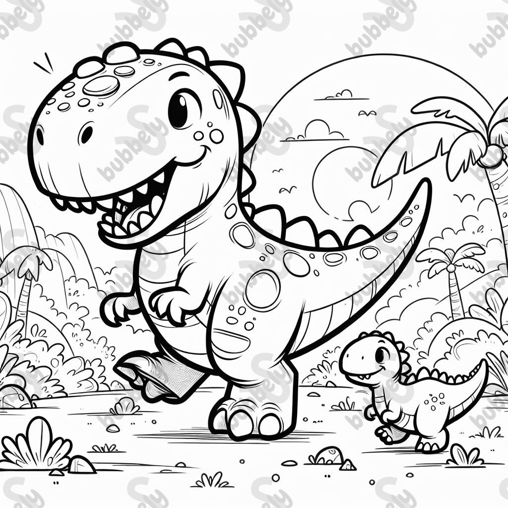 Dinosaure qui a la bouche ouverte et marche avec un bébé dinosaure Dinosaure qui a la bouche ouverte et marche avec un bébé dinosaure