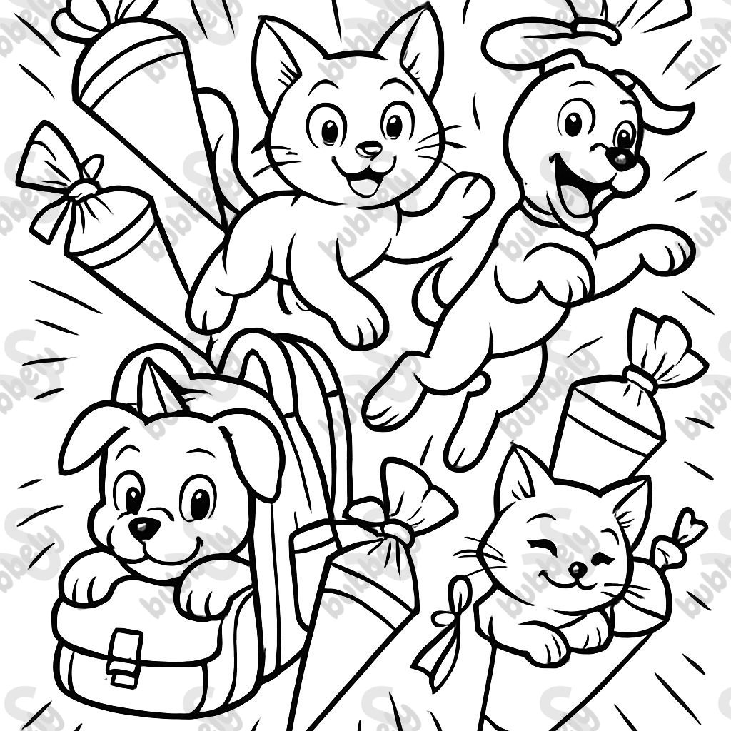 many school cones and backpacks with some cute cats and dogs in between many school cones and backpacks with some cute cats and dogs in between