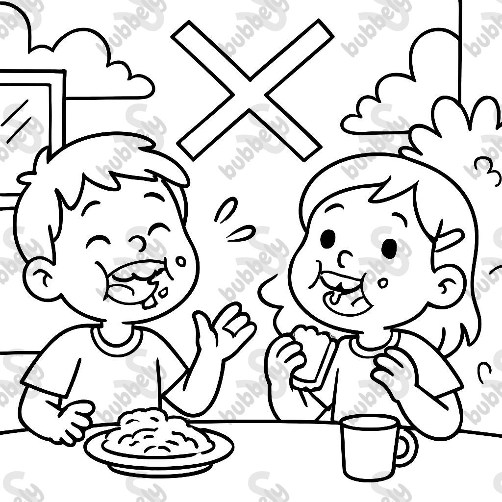 Kids talking with their mouths full and crossed out to indicate bad. Kids talking with their mouths full and crossed out to indicate bad.