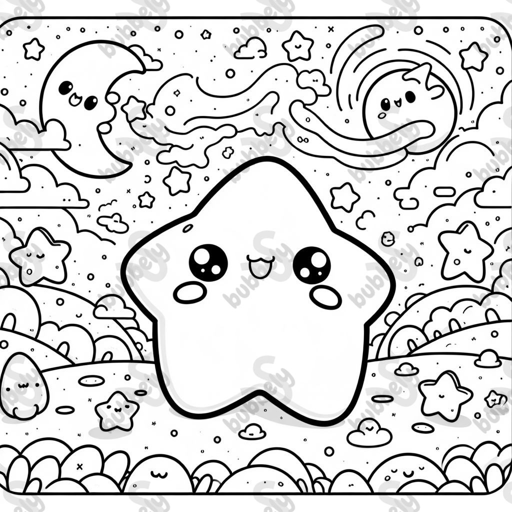 Un paisaje estrellado lindo como un algodón de azúcar con estrellas amigables y coloridas. Un paisaje estrellado lindo como un algodón de azúcar con estrellas amigables y coloridas.