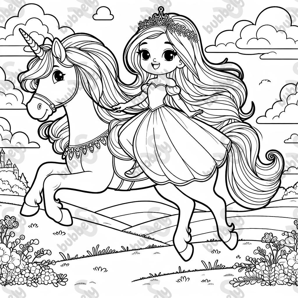 Eine hübsche Prinzessin, die im Damensitz auf einem fliegenden Einhorn reitet. Eine hübsche Prinzessin, die im Damensitz auf einem fliegenden Einhorn reitet.