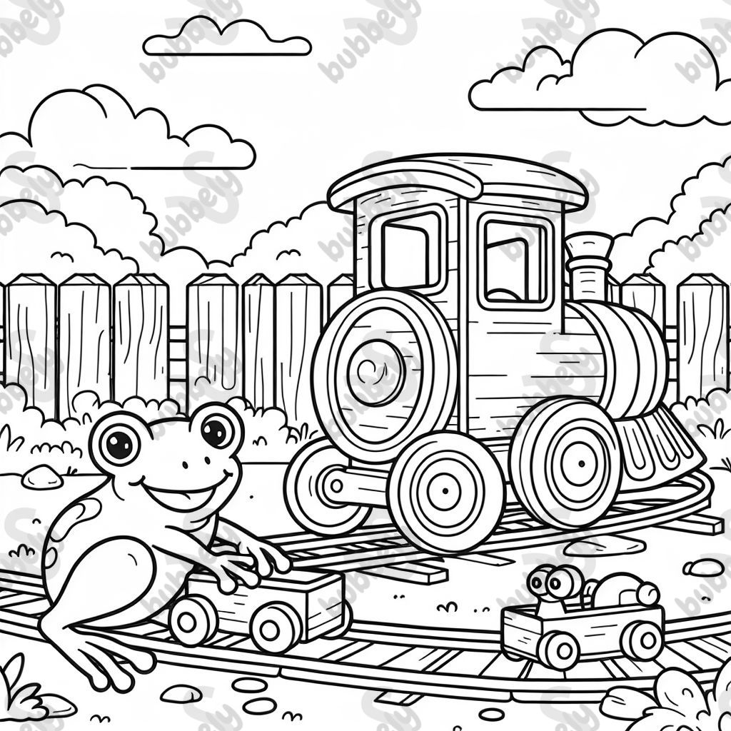 Une grenouille jouant avec un train en bois Une grenouille jouant avec un train en bois