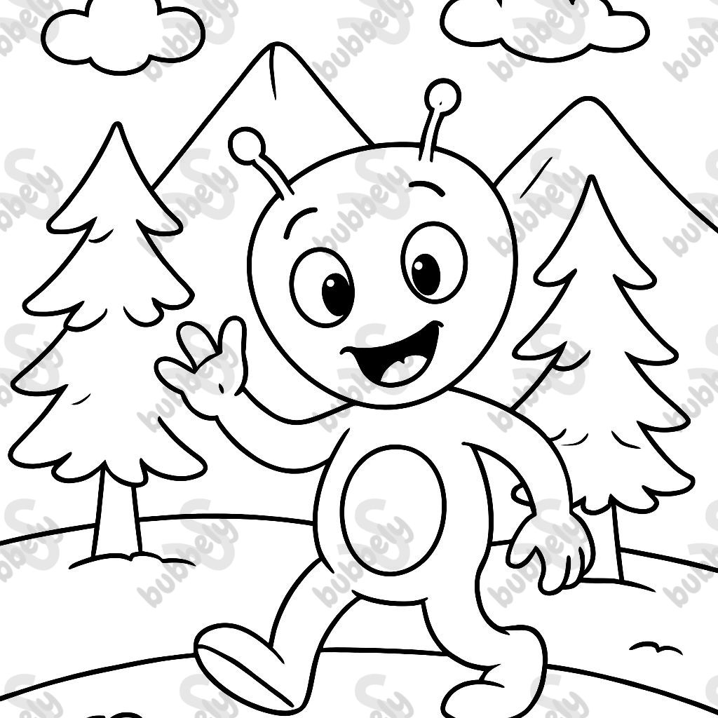 alien with trees and mountains in the background alien with trees and mountains in the background