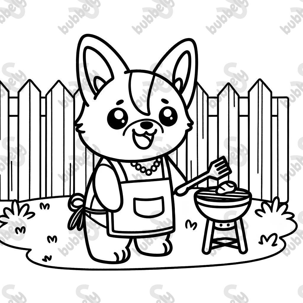 Ein Corgi in einer Schürze, der im Garten grillt