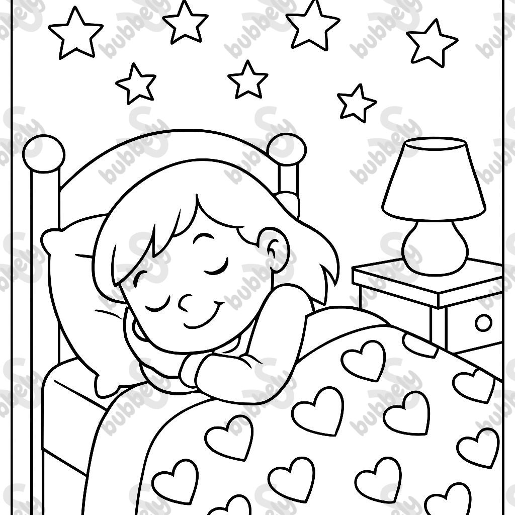 Girl sleeping in her room with stars on the ceiling and hearts on her blanket Girl sleeping in her room with stars on the ceiling and hearts on her blanket