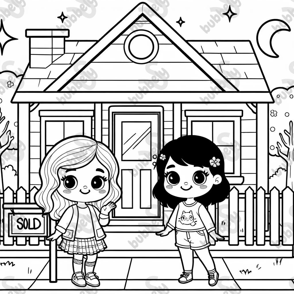 Simple design of two girls in front of a house with a SOLD sign next to it. Simple design of two girls in front of a house with a SOLD sign next to it.