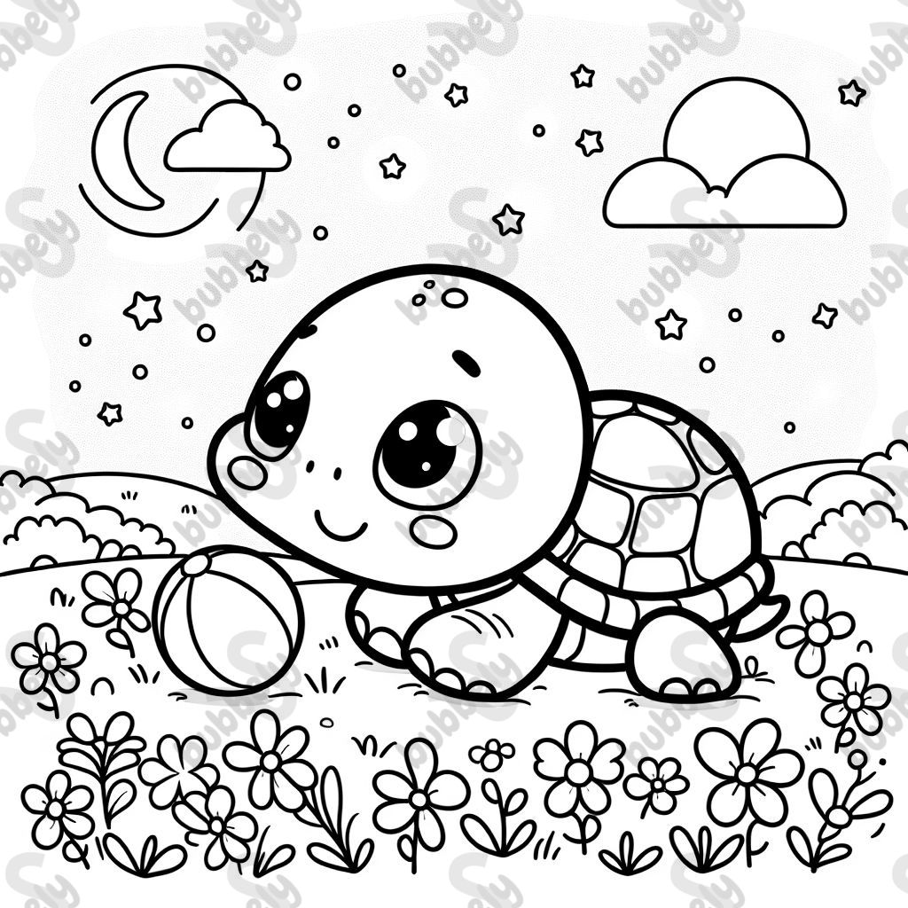 Eine Schildkröte spielt mit einem Ball auf einer bunten Blumenwiese. Eine Schildkröte spielt mit einem Ball auf einer bunten Blumenwiese.