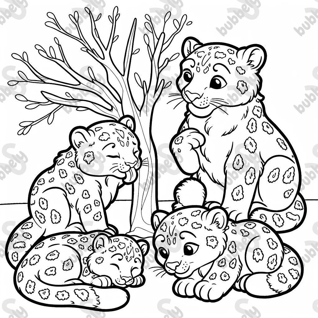 Family snow leopards. 4 leopards in total. Dad licks his paw. Baby sleeps. Big daughter lies quietly on the ground. Mom scratches a tree. Family snow leopards. 4 leopards in total. Dad licks his paw. Baby sleeps. Big daughter lies quietly on the ground. Mom scratches a tree.