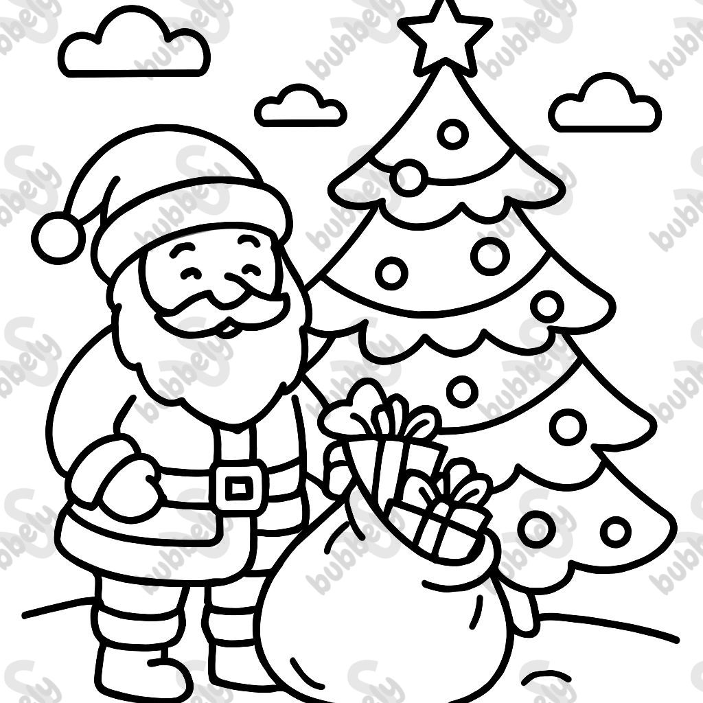 San Nicolás con un gran saco lleno de regalos al lado de un gran y hermoso árbol de Navidad decorado San Nicolás con un gran saco lleno de regalos al lado de un gran y hermoso árbol de Navidad decorado