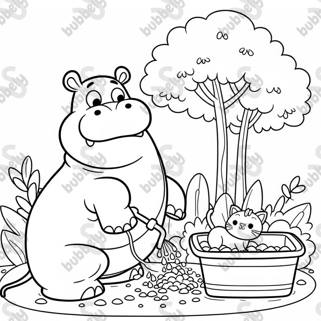 ein Nilpferd beim Katzenklo sauber machen ein Nilpferd beim Katzenklo sauber machen