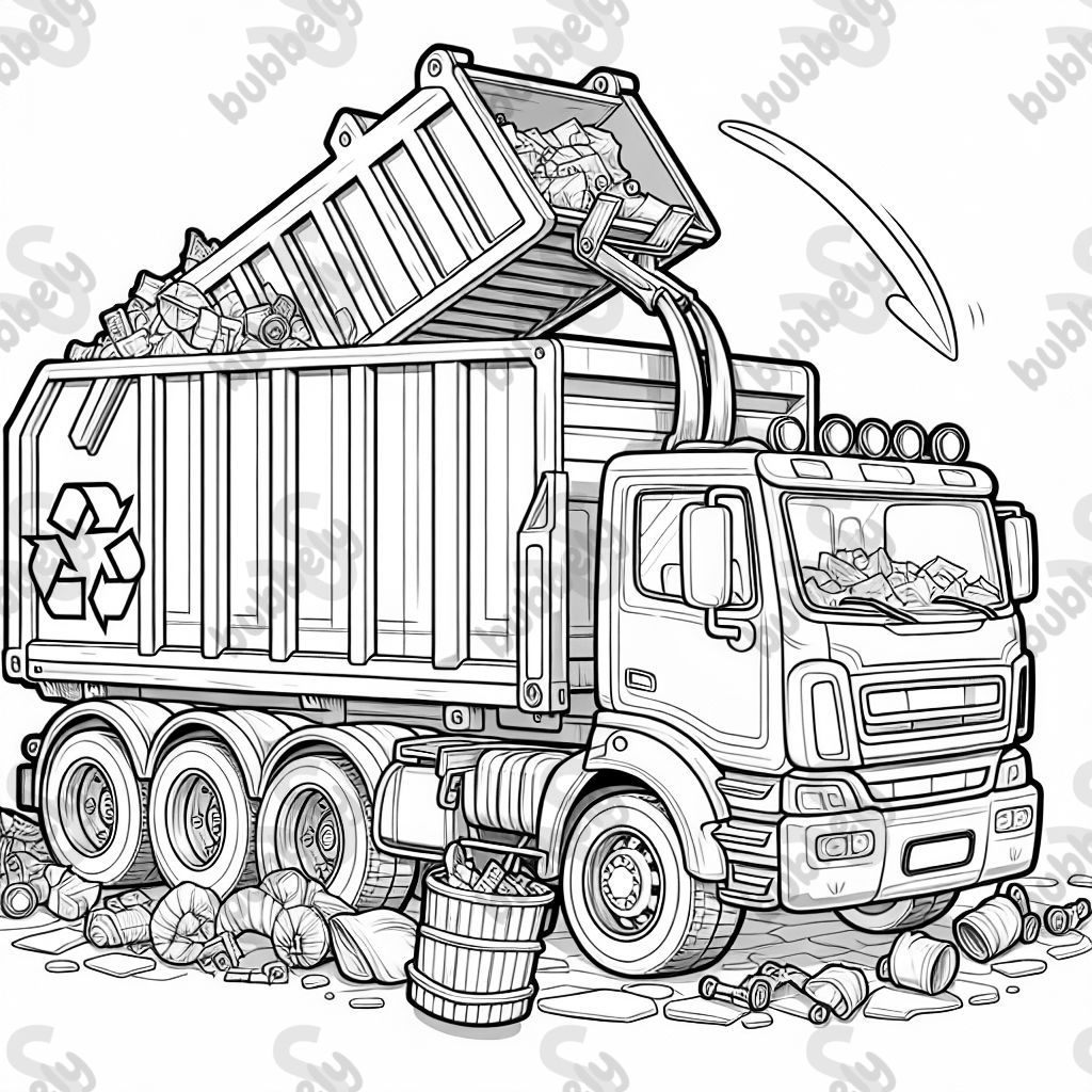A realistic recycling truck dumping waste into another truck. Perfect for a coloring page about recycling and environmental protection. A realistic recycling truck dumping waste into another truck. Perfect for a coloring page about recycling and environmental protection.
