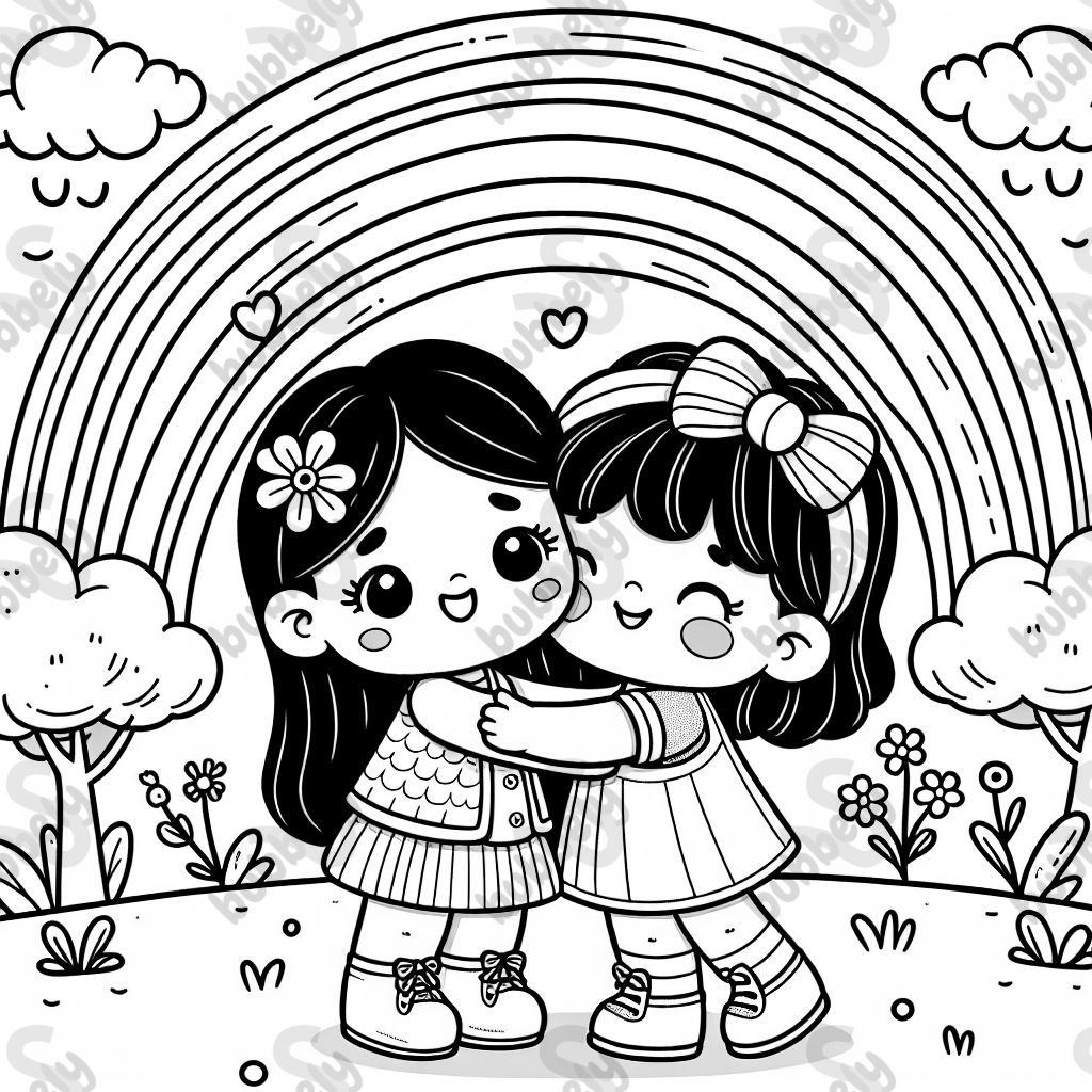 Kleine Mädchen umarmen sich zum Abschied mit einem Regenbogen im Hintergrund