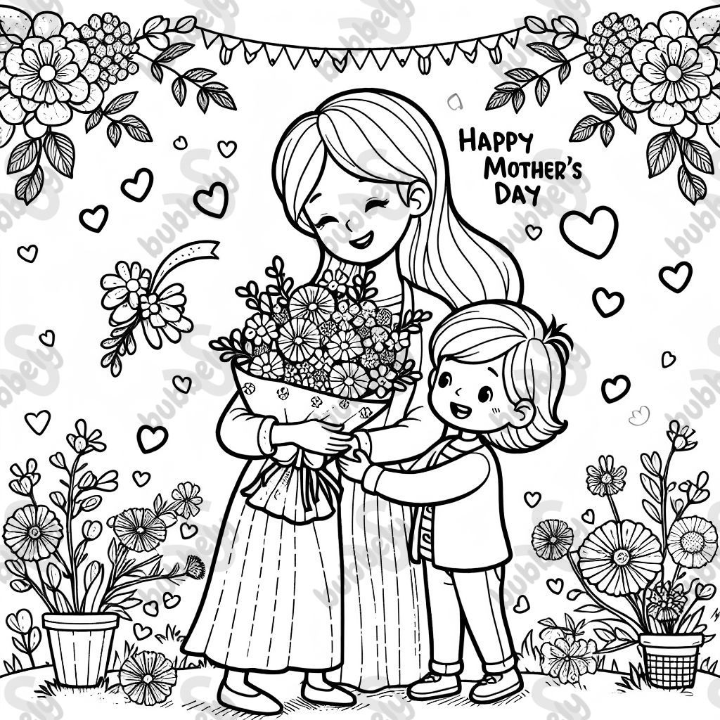 Mère avec enfant avec des fleurs et des cœurs un bouquet fête des mères Mère avec enfant avec des fleurs et des cœurs un bouquet fête des mères