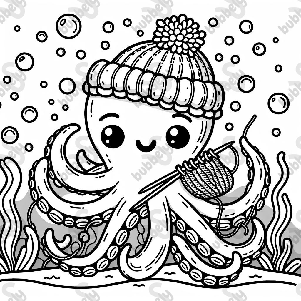 Eine lustige Krake die eine Mütze strickt