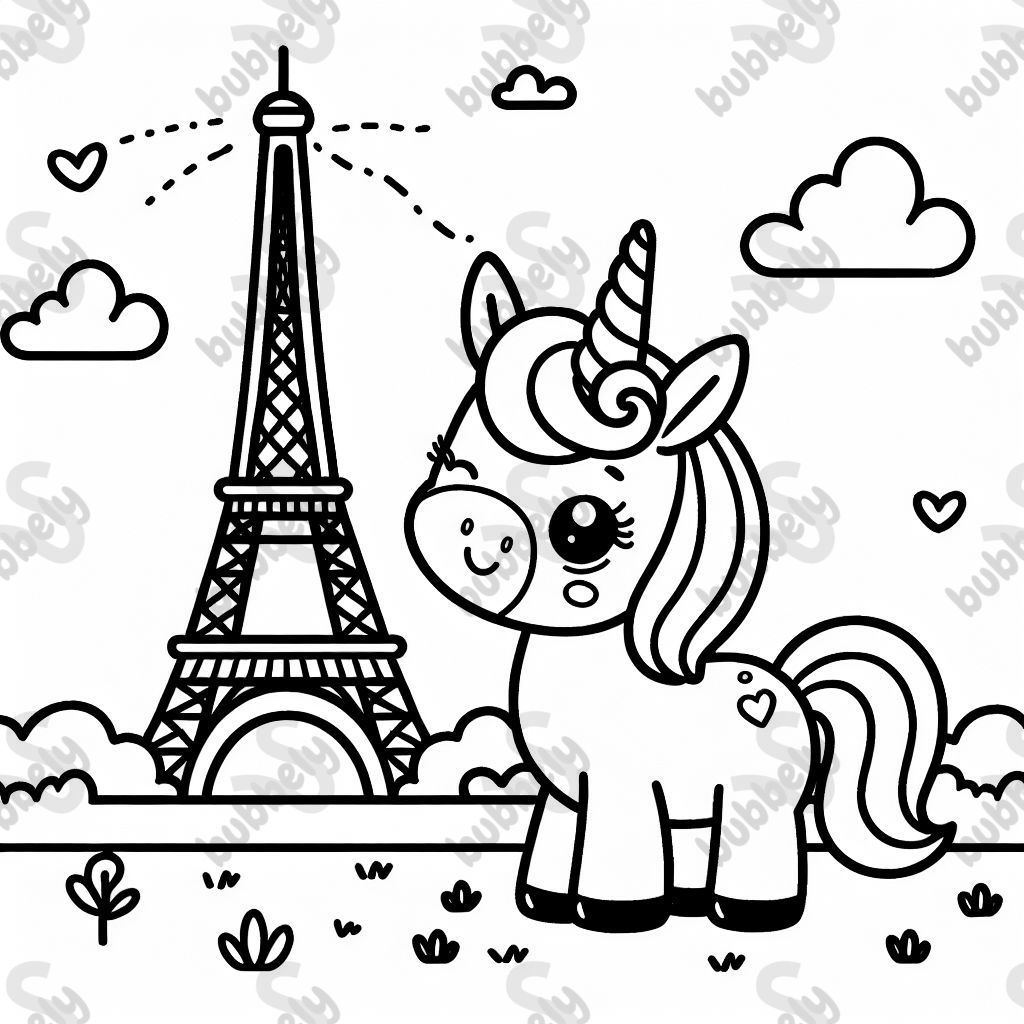 A unicorn in front of the Eiffel Tower, perfect for kids to color. A unicorn in front of the Eiffel Tower, perfect for kids to color.