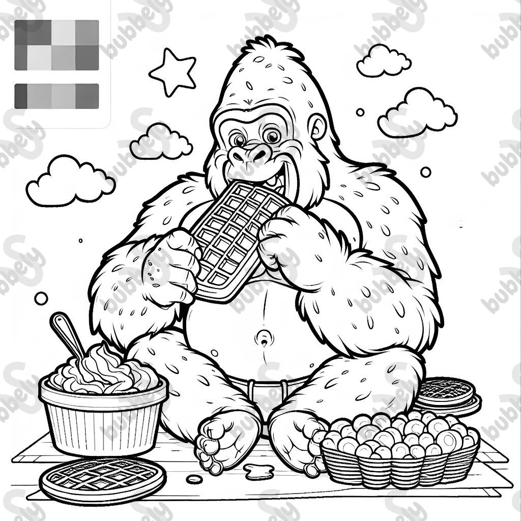 A silly gorilla eating waffles
