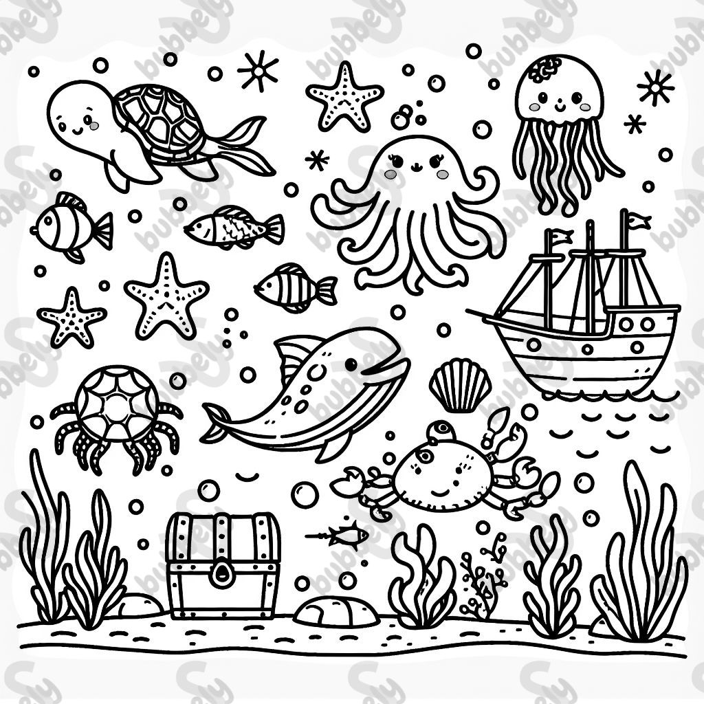 An underwater world with fish, starfish, an octopus, a turtle, a whale, a ray, a treasure chest, a shipwreck, and a mermaid An underwater world with fish, starfish, an octopus, a turtle, a whale, a ray, a treasure chest, a shipwreck, and a mermaid