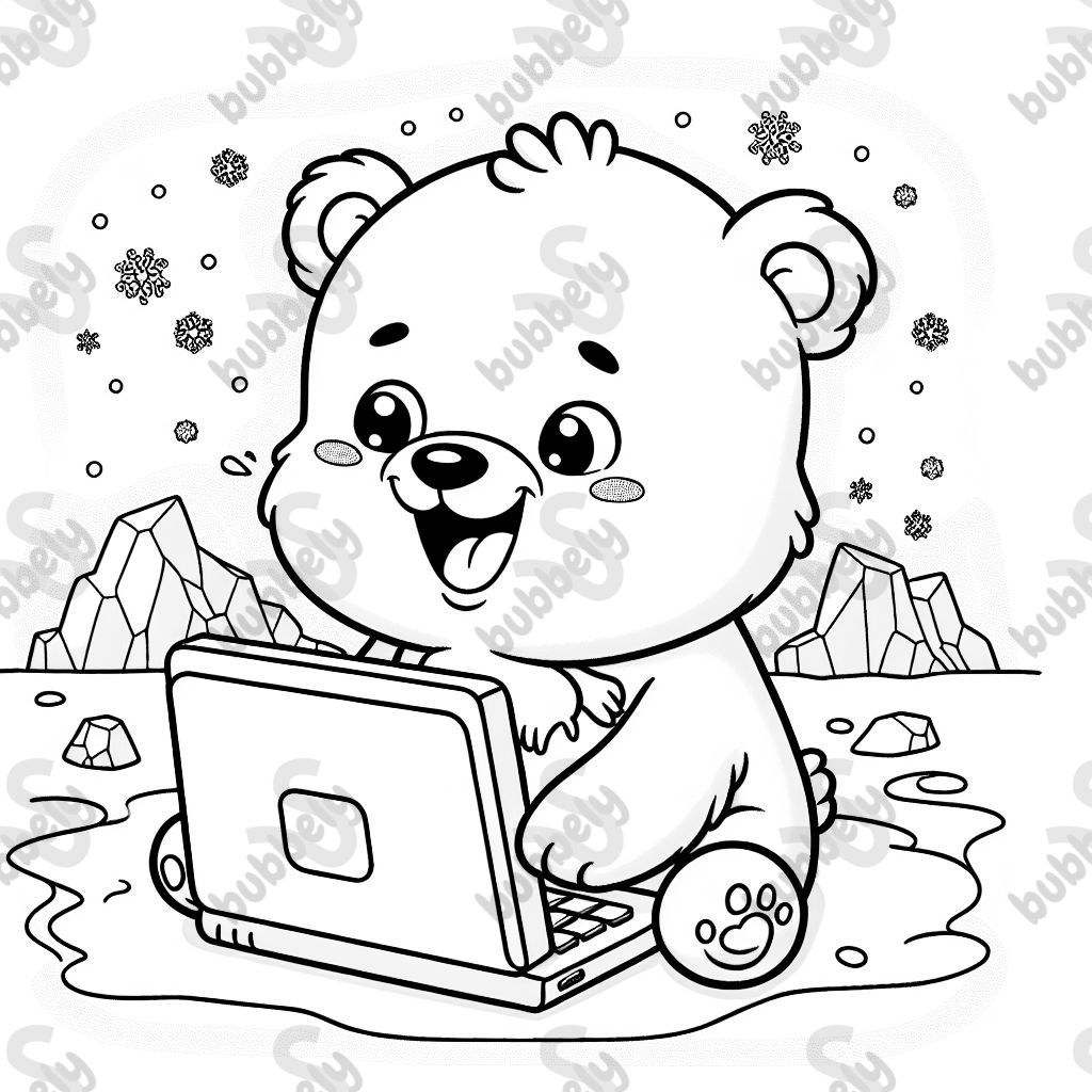A baby polar bear happily using the computer. A baby polar bear happily using the computer.