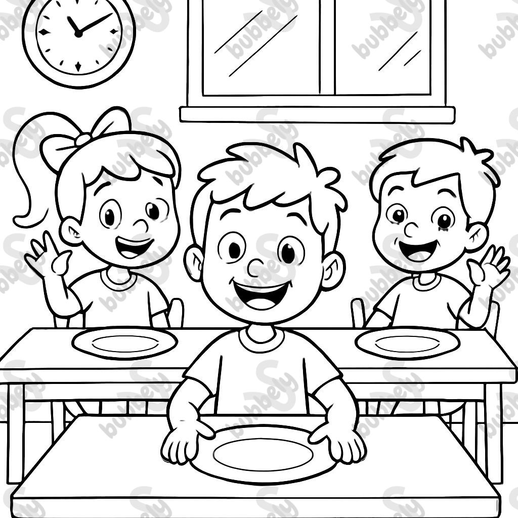 Enfants assis à la table de la cantine scolaire attendant la nourriture Enfants assis à la table de la cantine scolaire attendant la nourriture